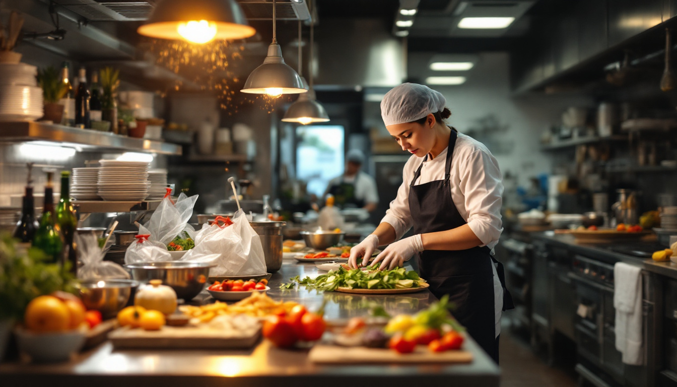 Female chef arranges salad greens on a board amid vibrant fruits and vegetables in a warmly lit kitchen