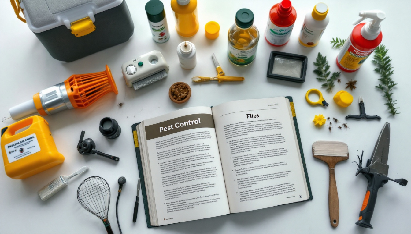 Flat-lay of pest-control tools, chemicals, and an open manual titled ‘Pest Control – Flies.’
