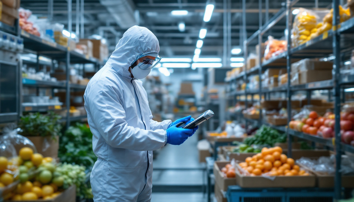 Food-safety inspector in a full protective suit scanning packaged goods on shelves inside a brightly lit produce warehouse