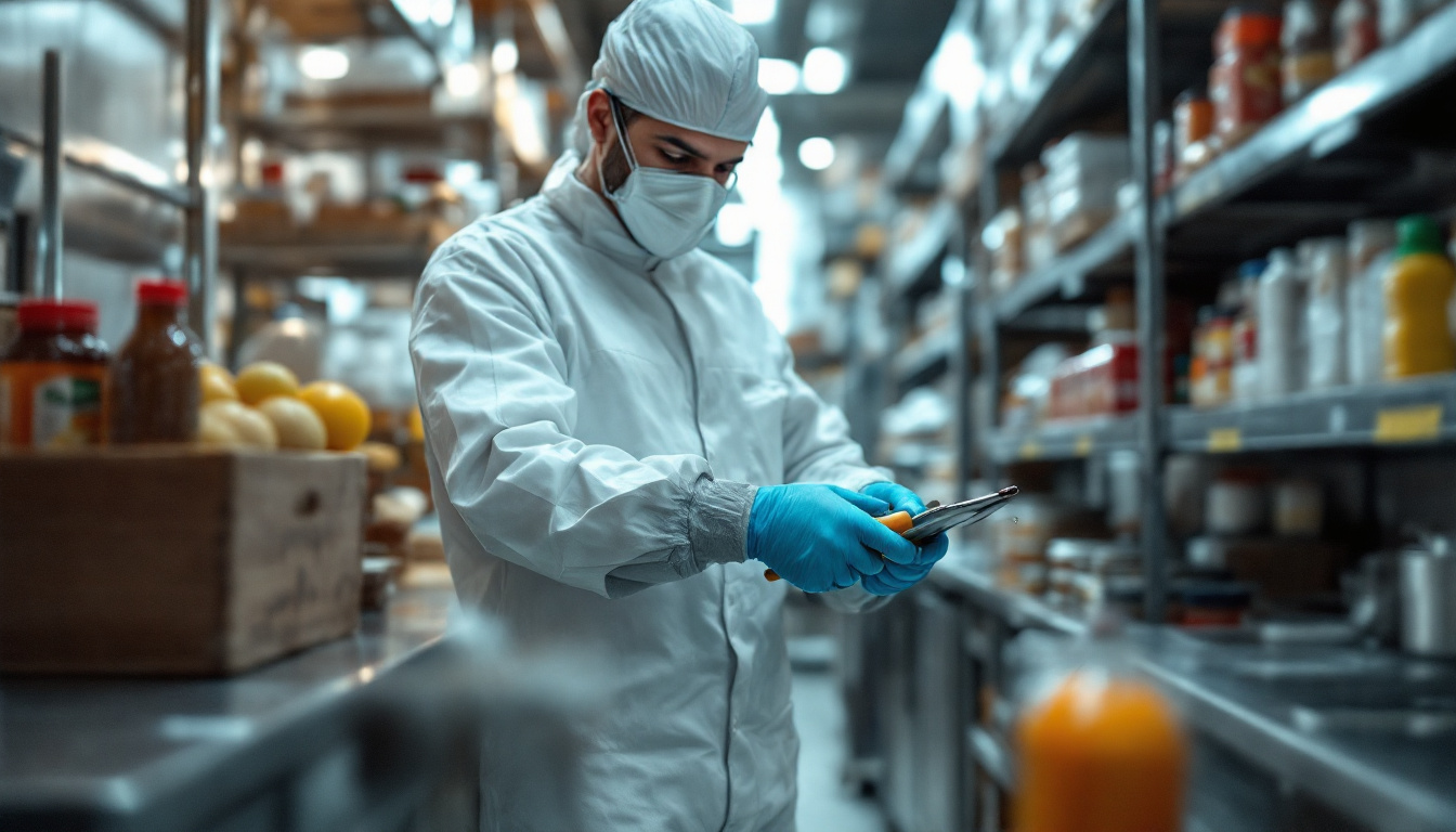 Food-safety inspector in a white jumpsuit