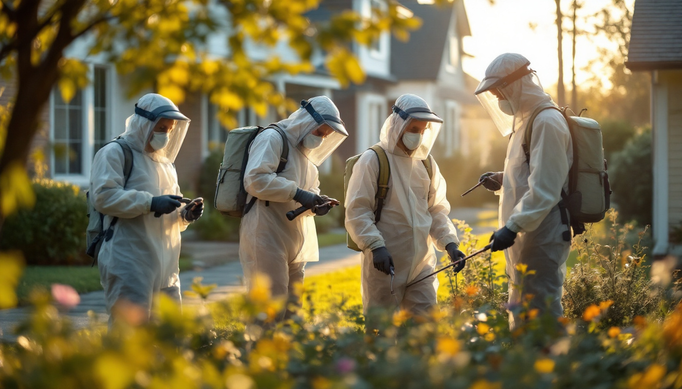 Four pest-control specialists in white hazmat suits inspecting garden beds outside suburban homes at sunrise.