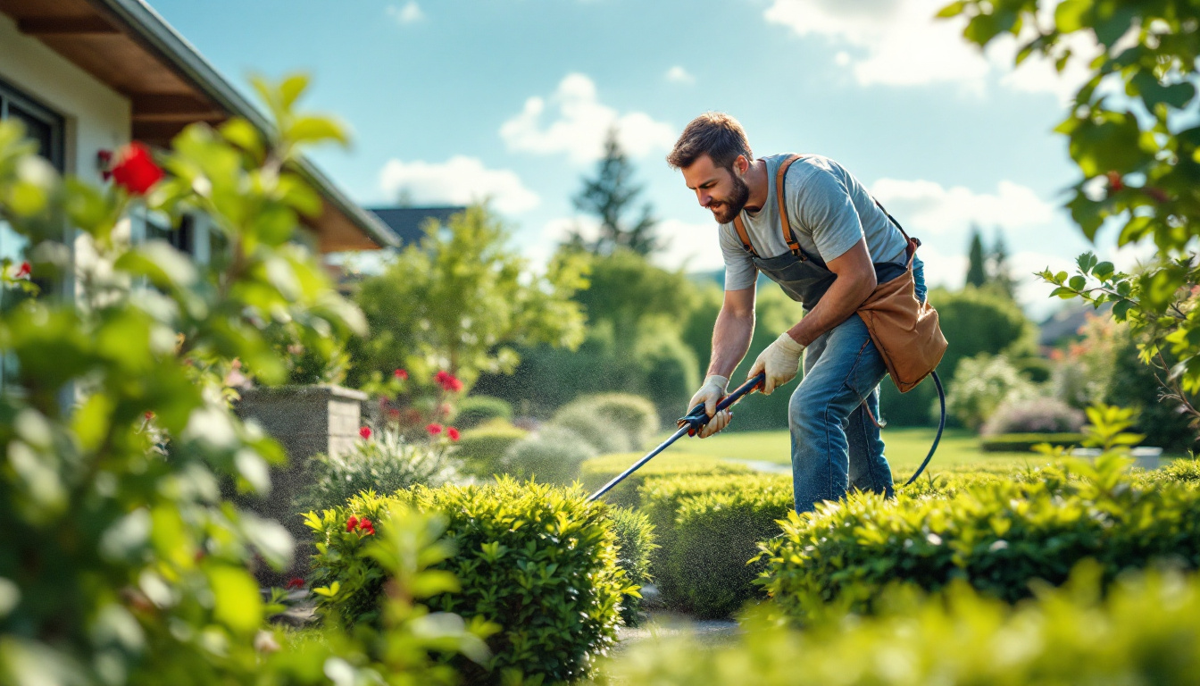 Gardener in gloves and apron spraying shrubbery with a hose in a sunny, well-kept backyard.