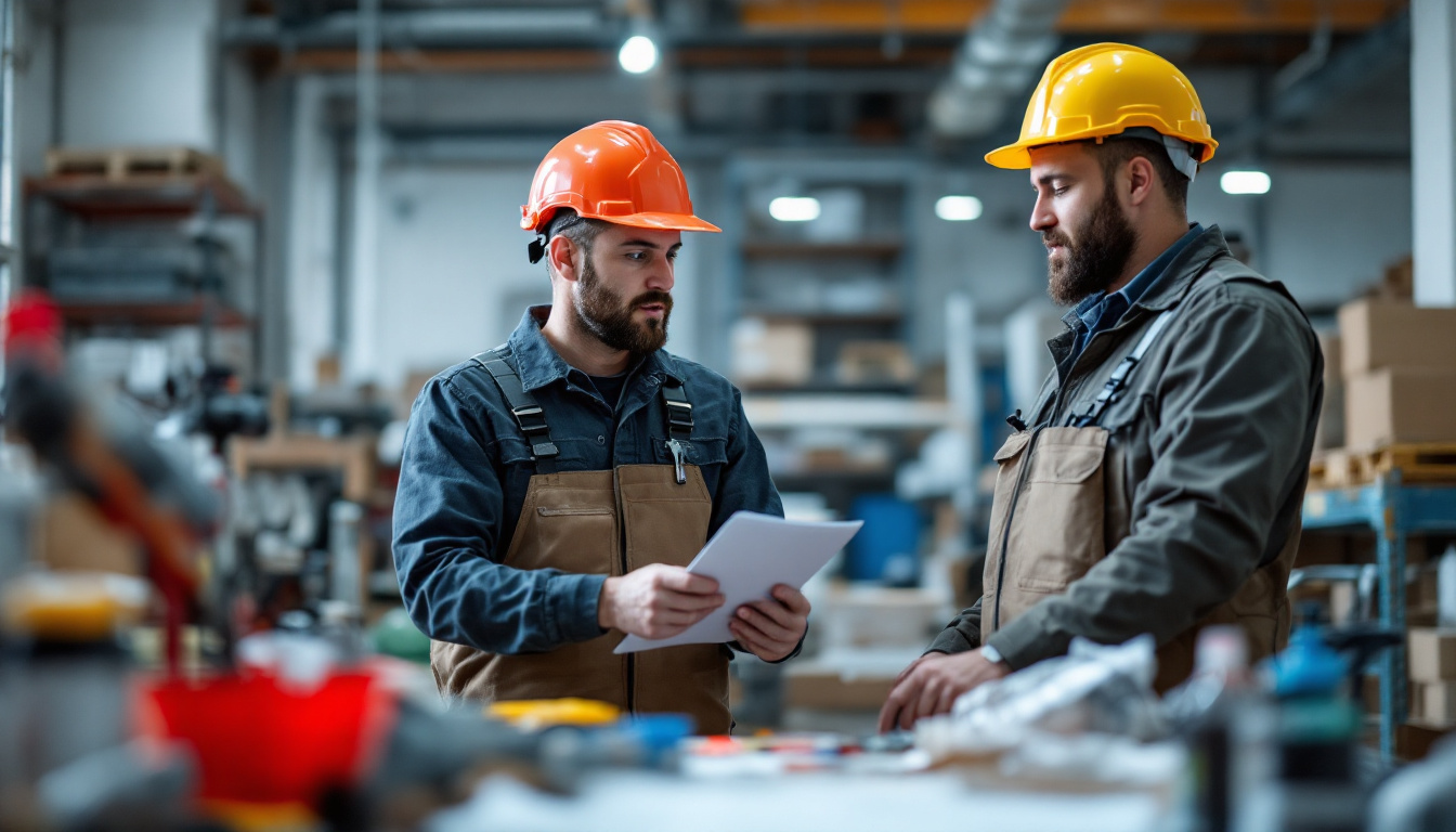 In a large industrial workshop, two men wearing hard hats
