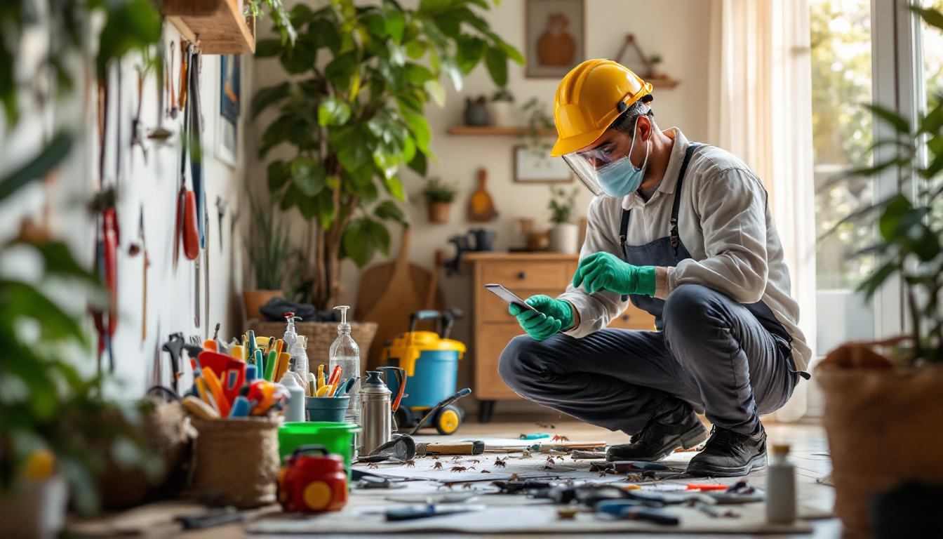Inspector in hard hat and mask crouching to examine bugs on a workshop floor surrounded by tools.
