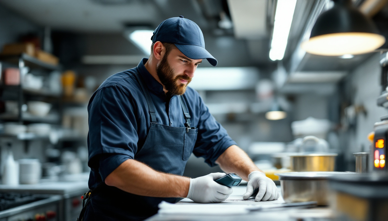 Inspector in uniform using a scanner to check surfaces in a commercial kitchen.