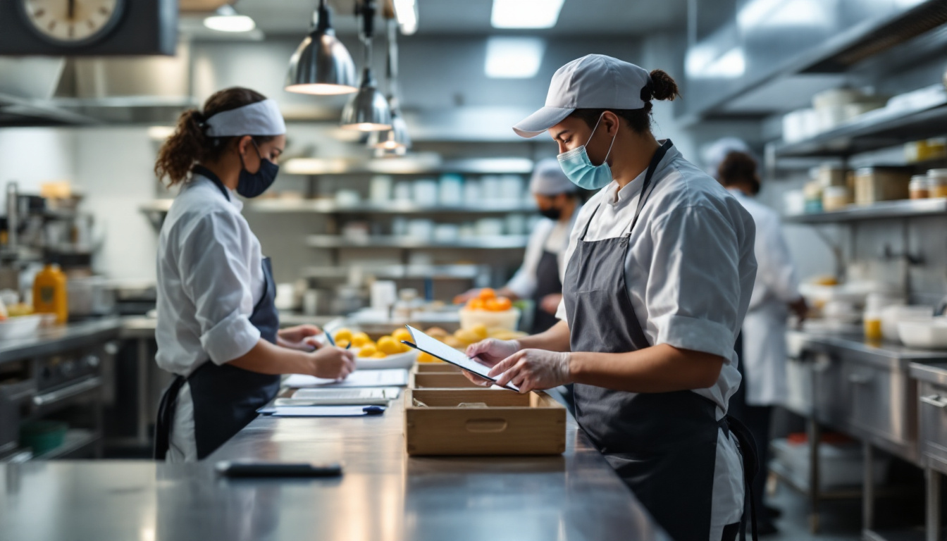Kitchen staff in masks reviewing checklists and inventory sheets in a professional kitchen setting