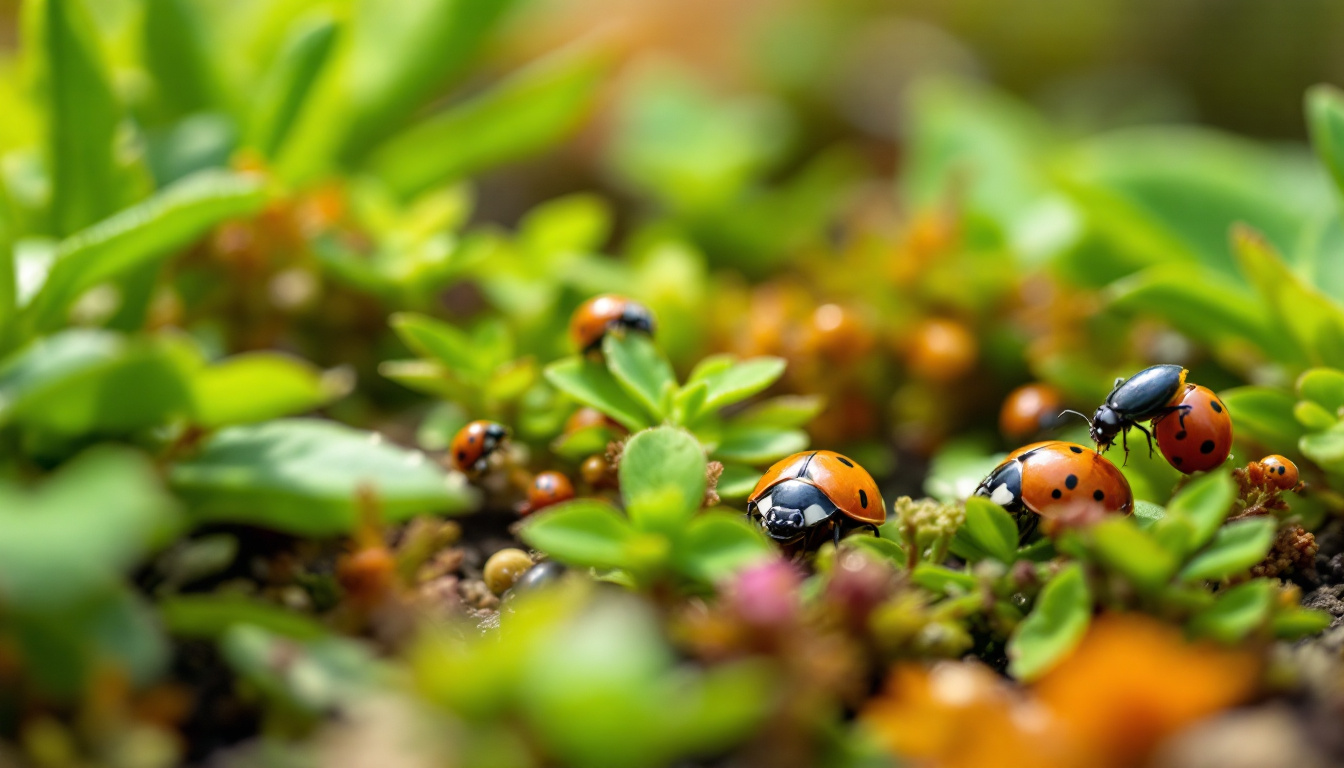 Macro scene of several bright orange-red ladybugs exploring low, leafy groundcover.