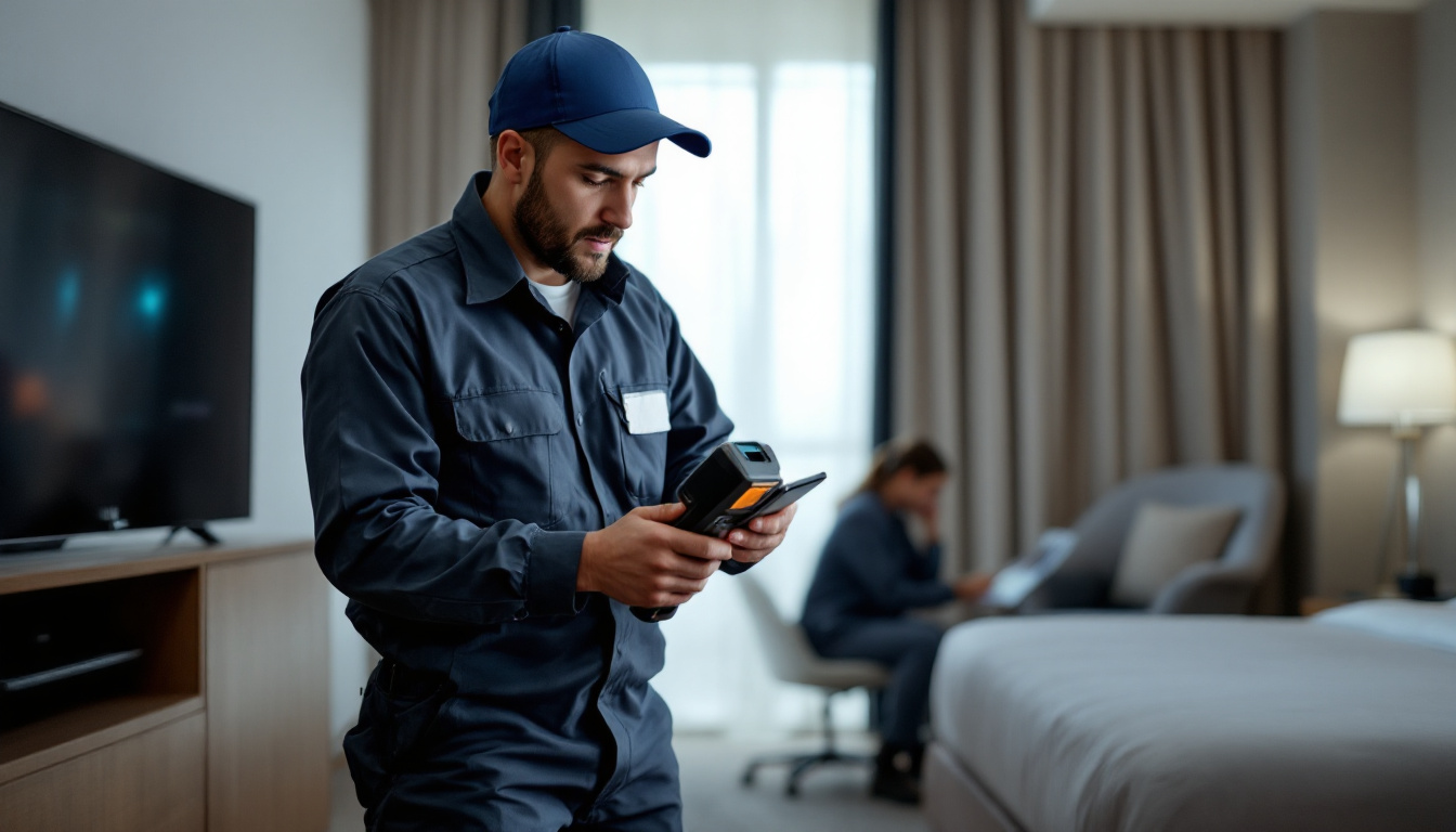 Maintenance technician in navy coveralls uses a handheld detector in a hotel room while a colleague works in the background.