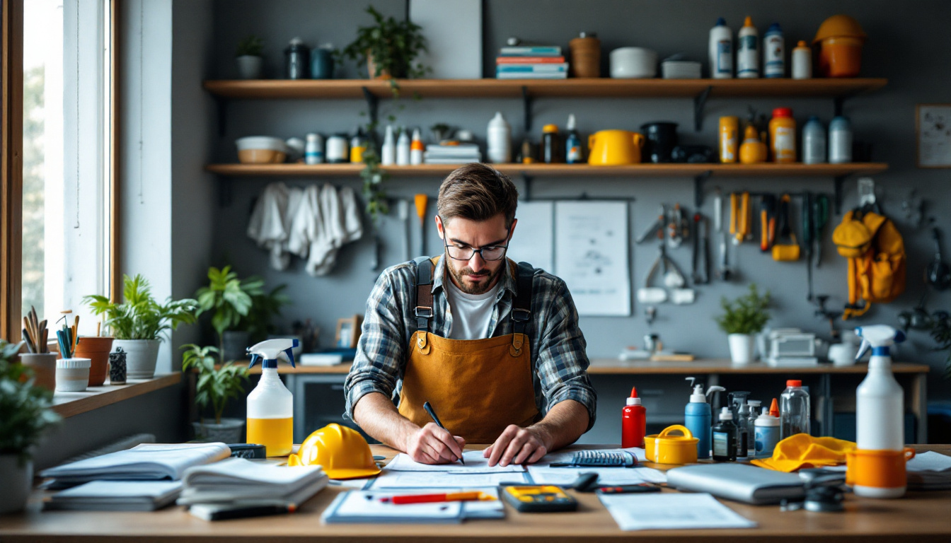 Male artisan in a light-filled workshop, dressed in a brown apron, studying design drawings at a desk surrounded by tools, plants, and materials.