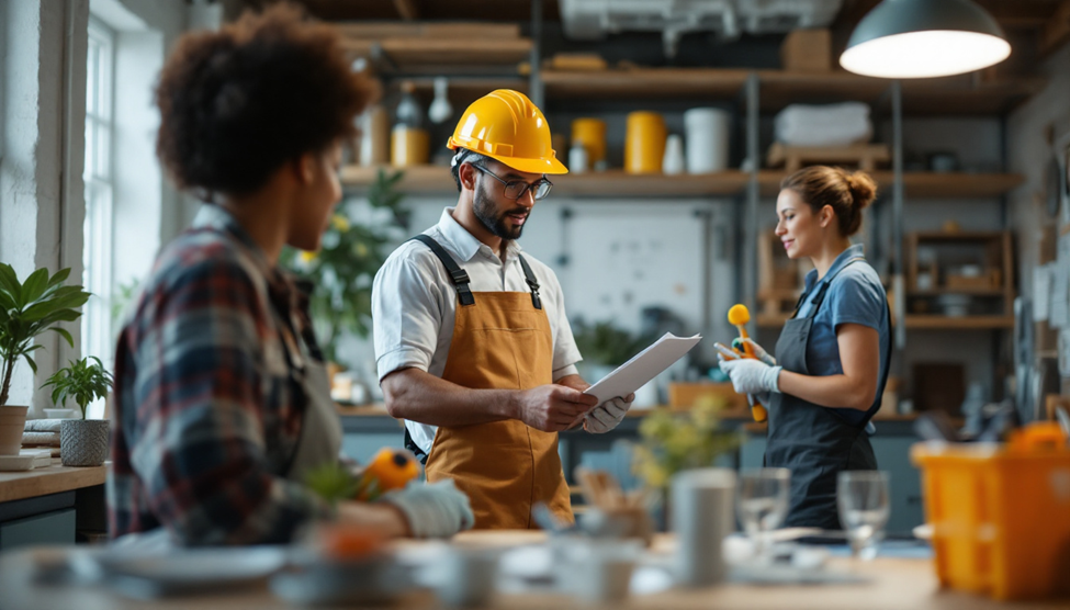 Man in a hard hat and apron reviewing documents while coworkers discuss nearby.
