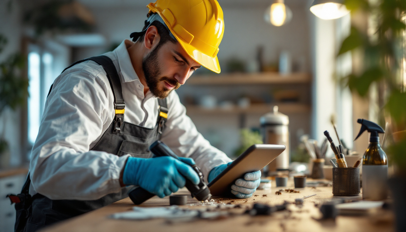 Man in a hard hat and gloves using a flashlight and tablet while examining parts on a well-lit workbench.