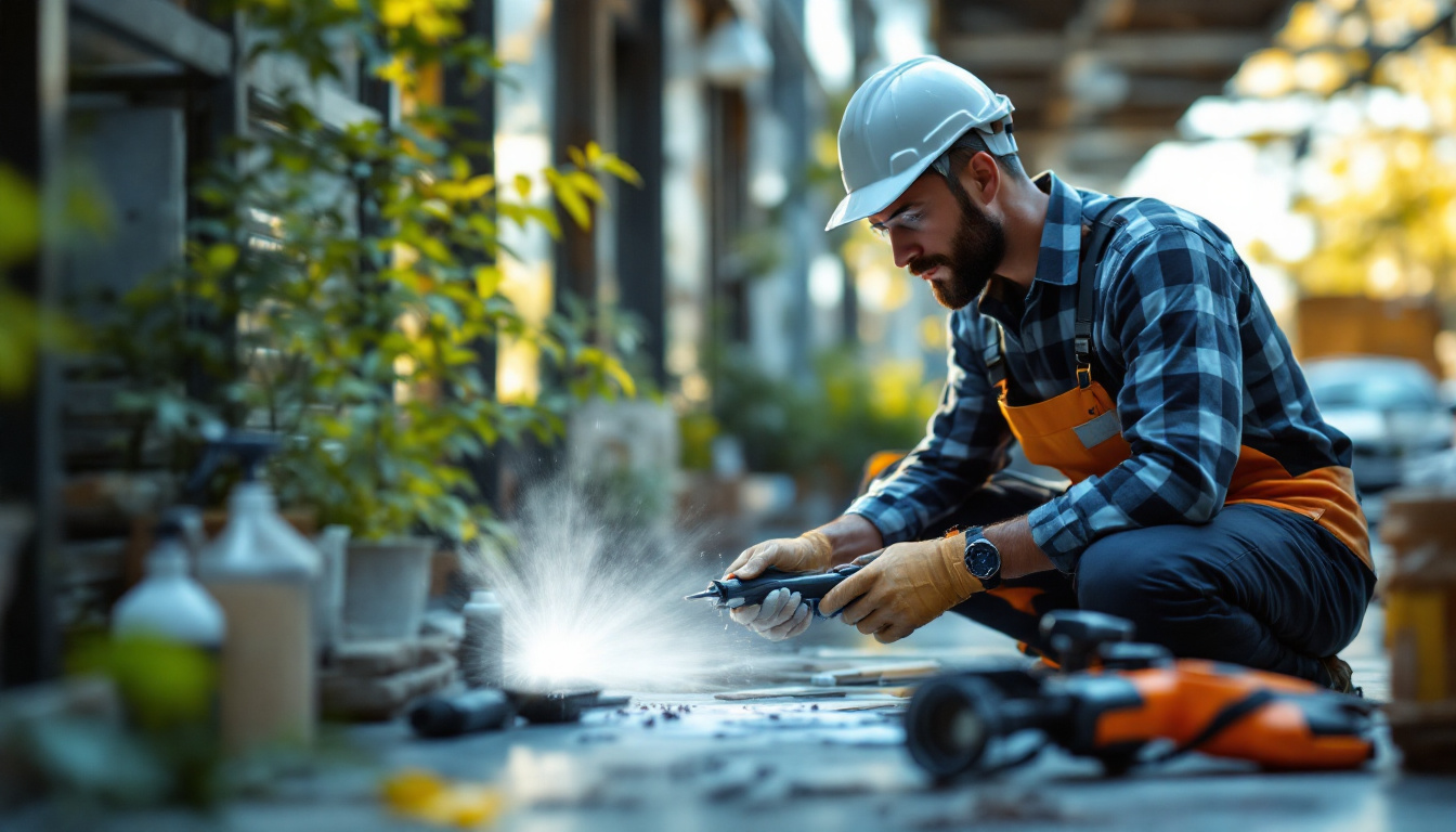 Man in hard hat and gloves using a power tool