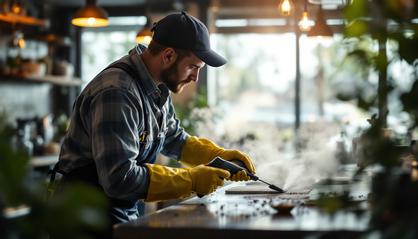 Man in protective gloves using a steam cleaner on a kitchen counter.
