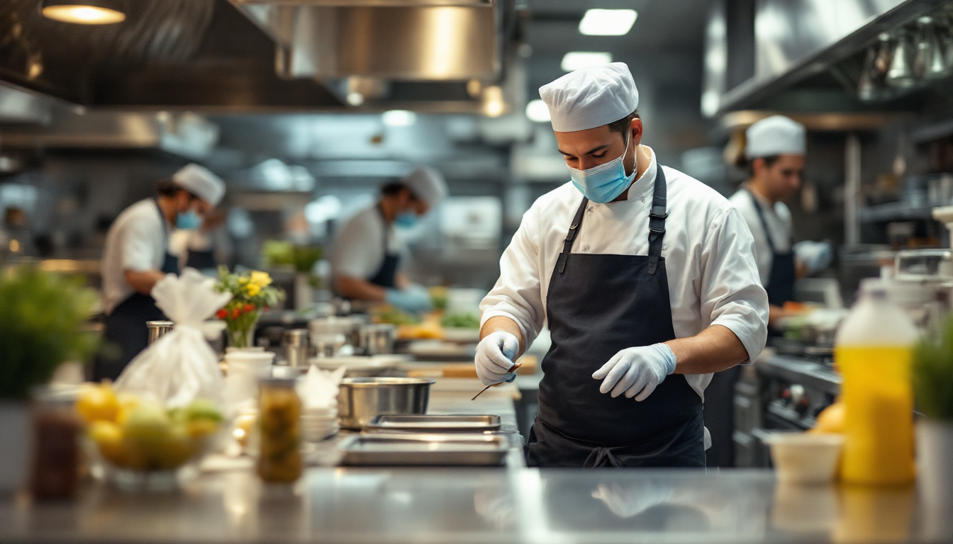 Masked chef in dark apron focuses on precise plating at the center of a commercial kitchen