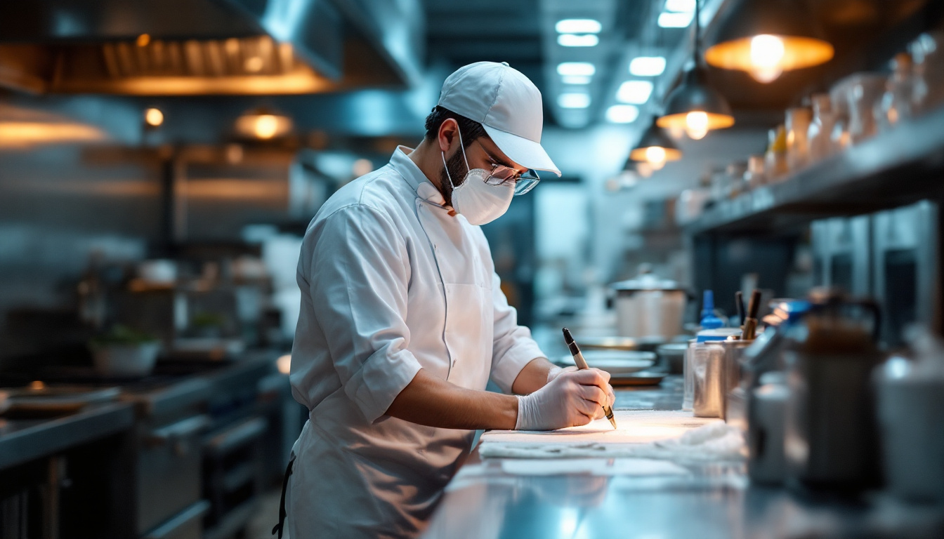 Masked chef in white uniform and cap writes notes on a stainless prep counter in a softly lit restaurant kitchen