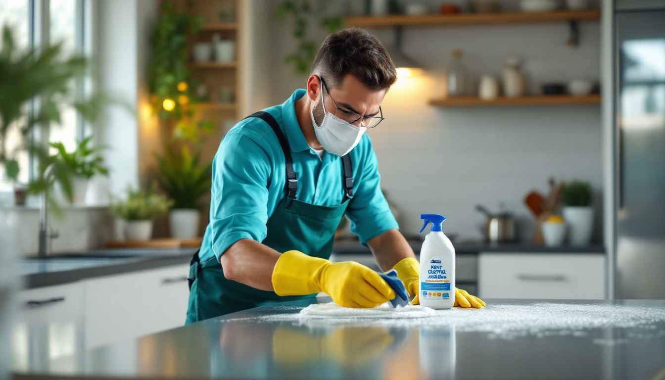 Masked cleaner wearing yellow gloves scrubbing a kitchen counter with pest-control spray