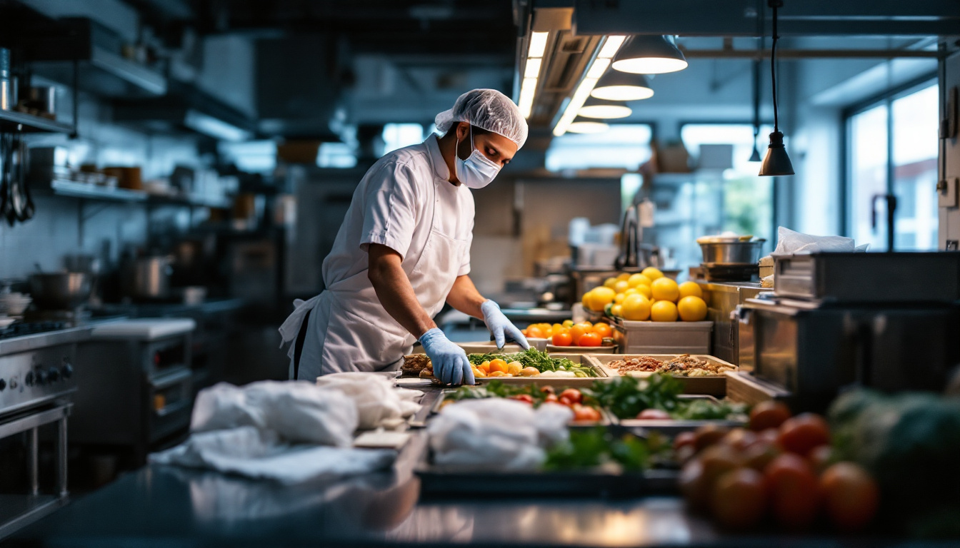 Masked cook arranging trays of fresh produce on a prep counter under bright overhead lights in an industrial kitchen.