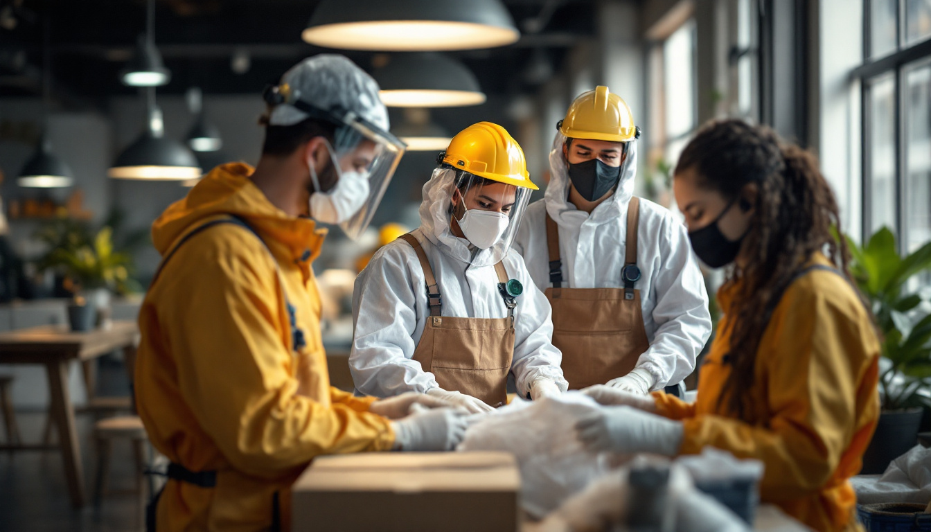 Masked factory team in white coveralls and brown aprons sorting materials together on a worktable under pendant lights.