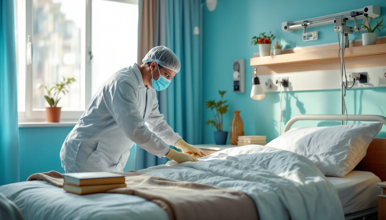 Masked healthcare worker in protective cap and gloves smoothing fresh linens on a bright, tidy hospital bed