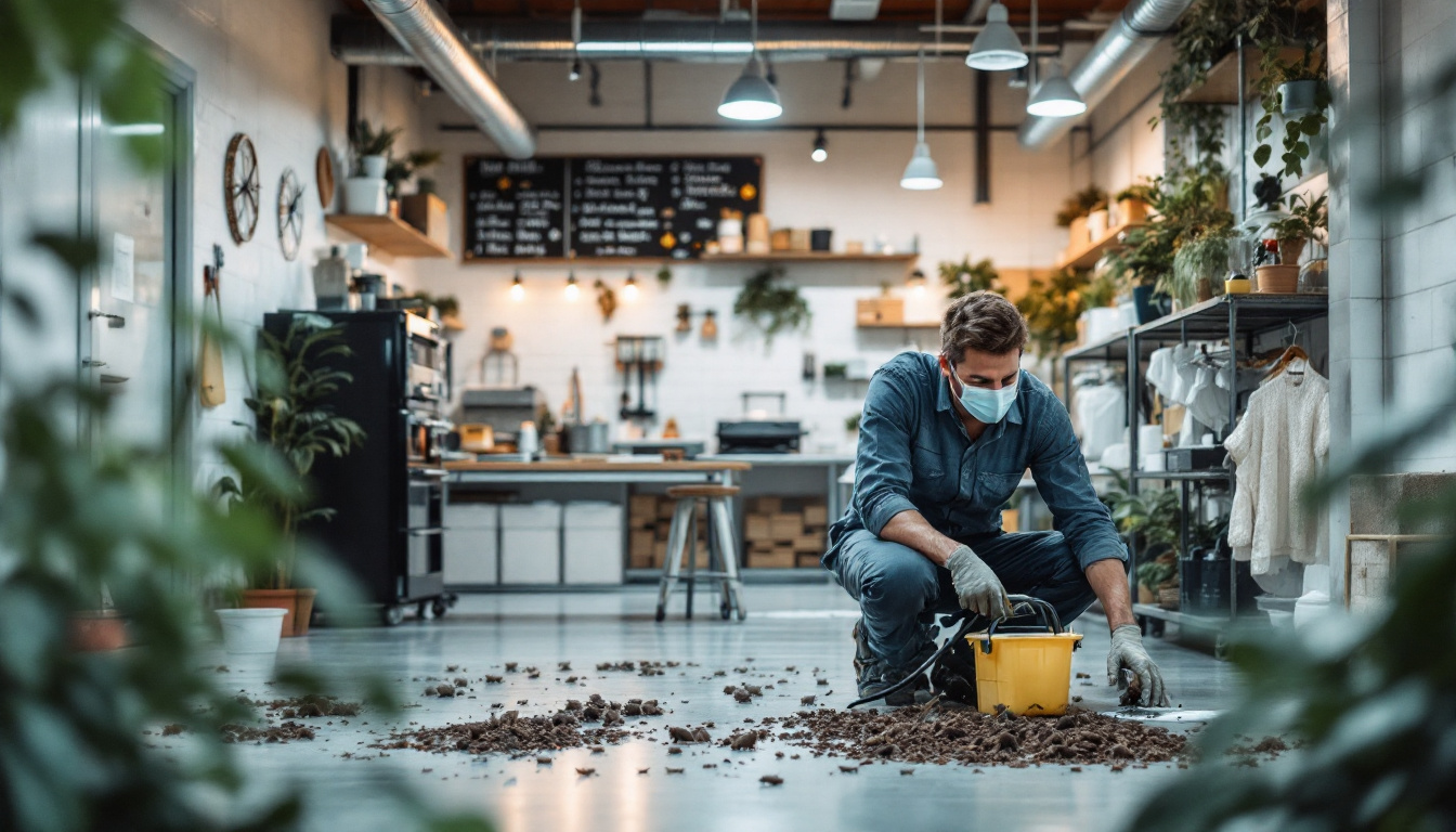 Masked maintenance worker kneels on a café’s polished floor, removing loose soil into a yellow bucket amid plants and industrial décor.