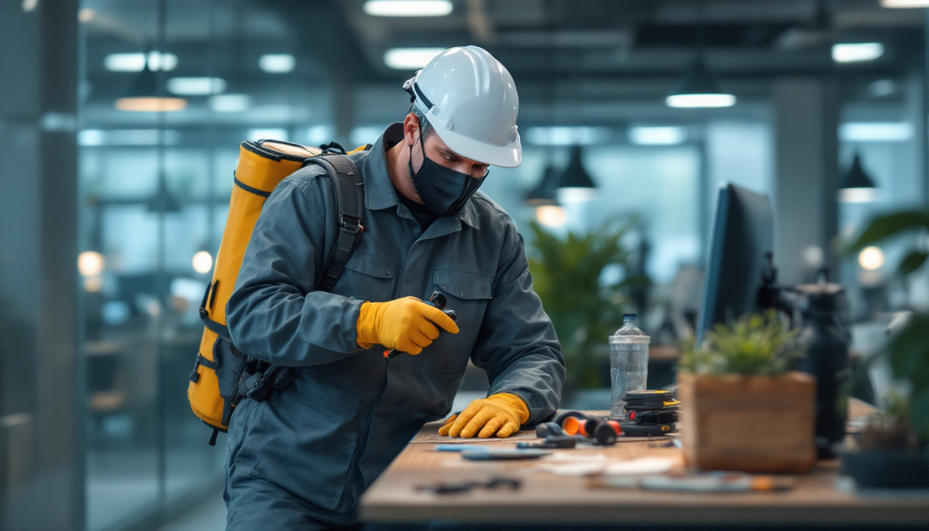 Masked worker in grey uniform, hard hat, and yellow gloves examines tools on a desk while carrying a yellow chemical backpack