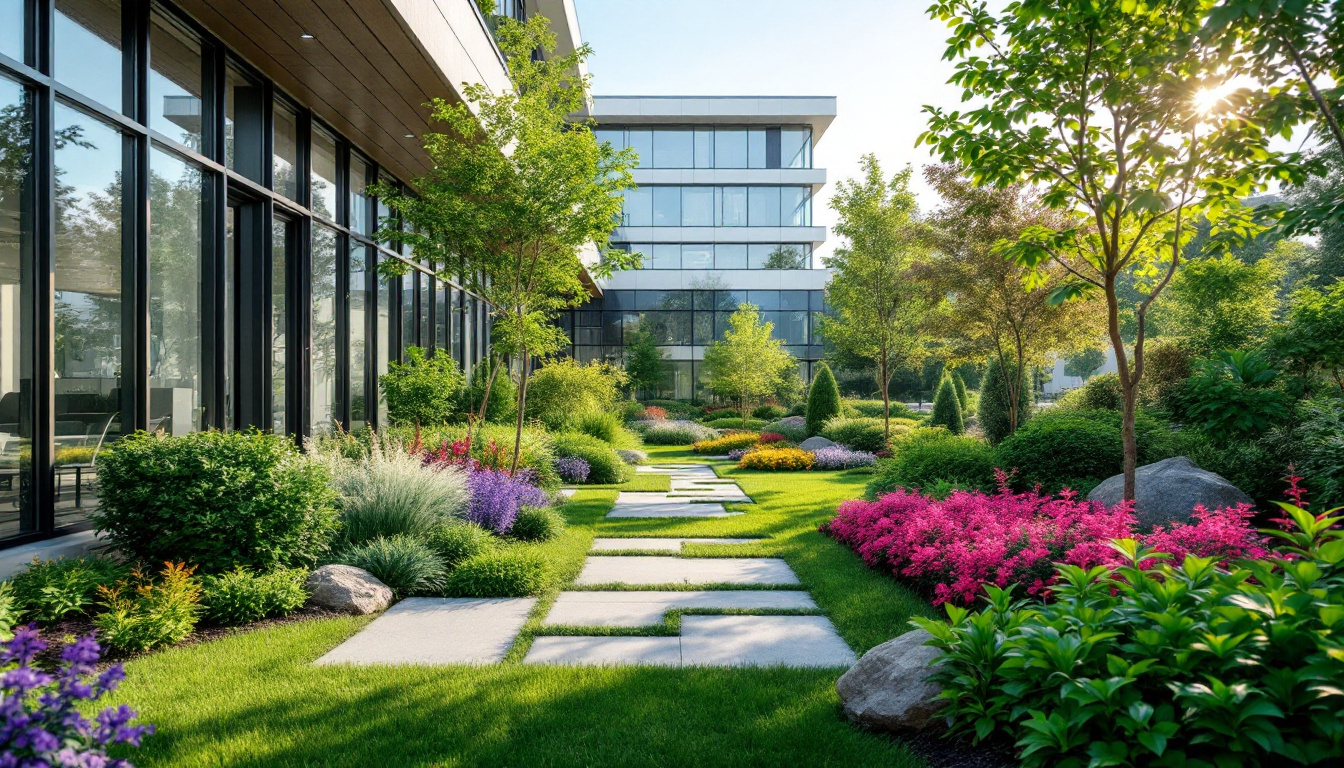 Modern office building bordered by a vibrant, well-manicured garden path lined with colorful flowering shrubs and young trees