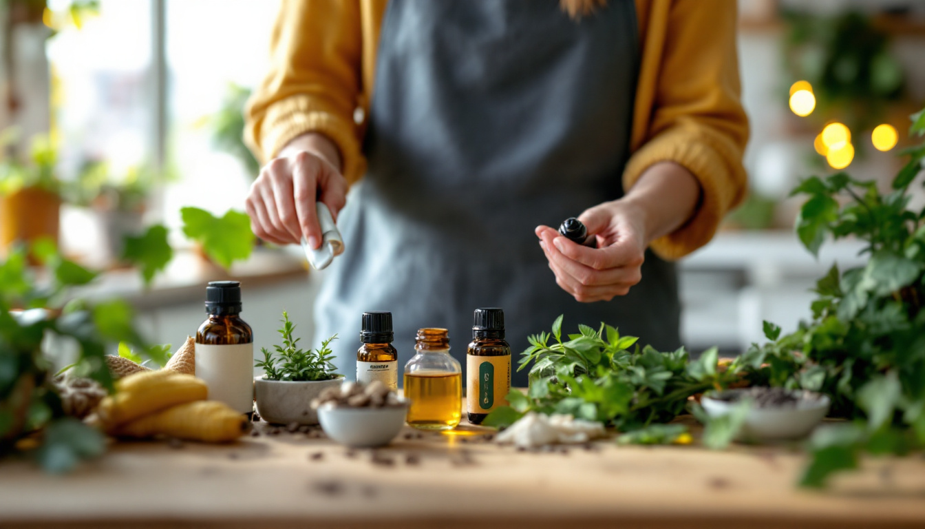Person in a grey apron arranging small amber bottles of essential oils and fresh herbs on a kitchen counter.