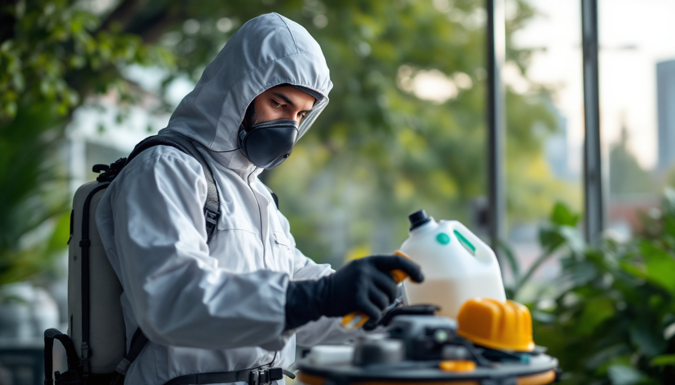 Person in a hazmat suit and face mask handling pest control equipment outdoors near greenery.