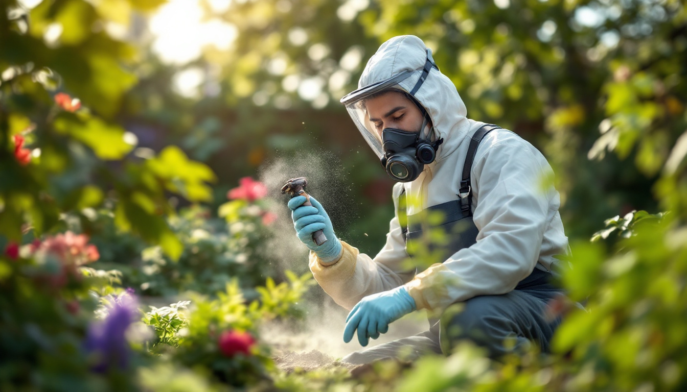 Person in a hazmat suit and respirator spraying pesticide close to the ground among plants.