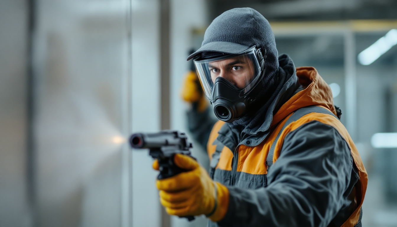 Person in tactical jacket and gas mask firing a handgun