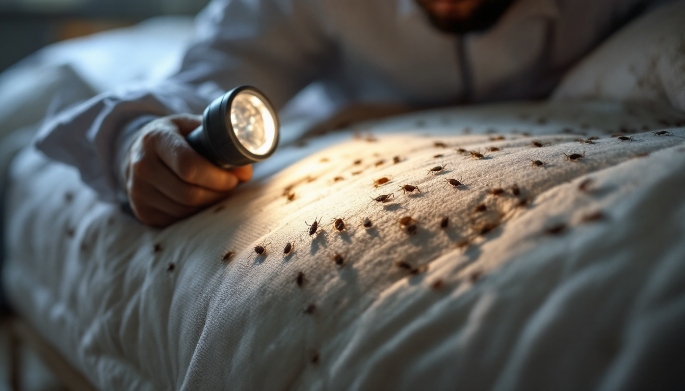 Person using a flashlight to inspect a mattress heavily infested with bed bugs.