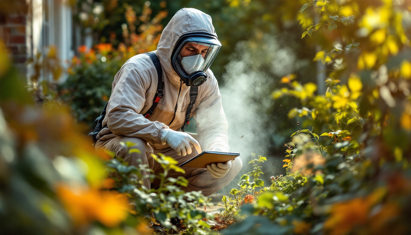 Pest control professional in protective suit and mask spraying insecticide in a garden.