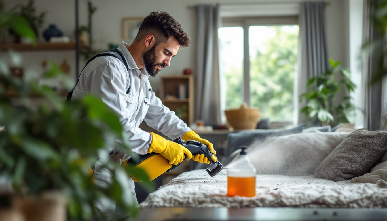Pest control professional spraying treatment on a couch inside a home.