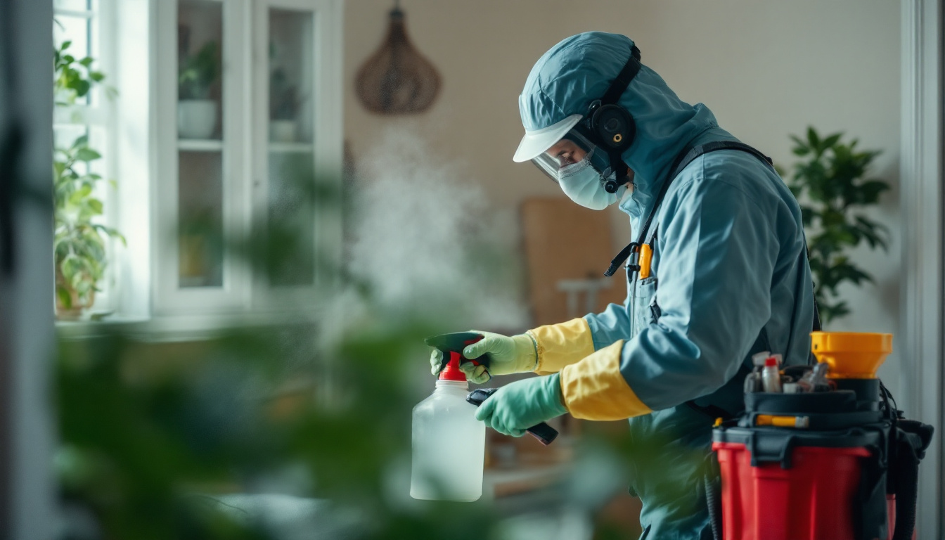 Pest-control specialist in a full hooded suit, mask and gloves sprays a fine mist treatment inside a sunlit home, leafy plants blurred in front.