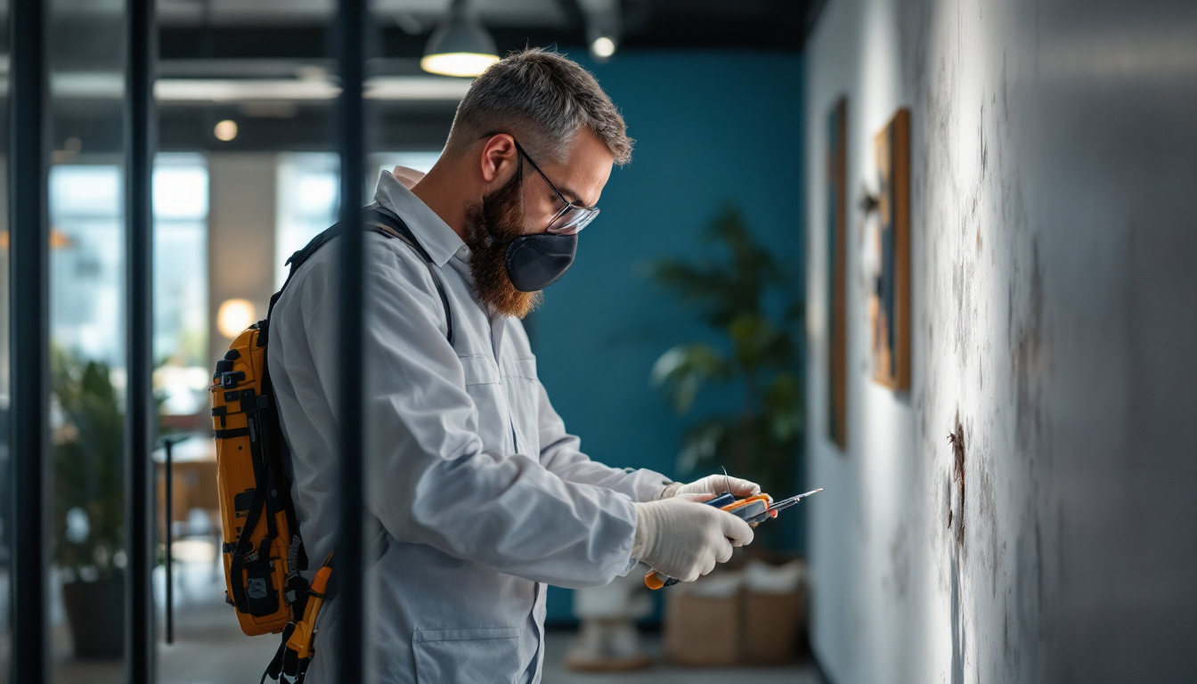 Pest control technician wearing protective gear injecting treatment into a wall.