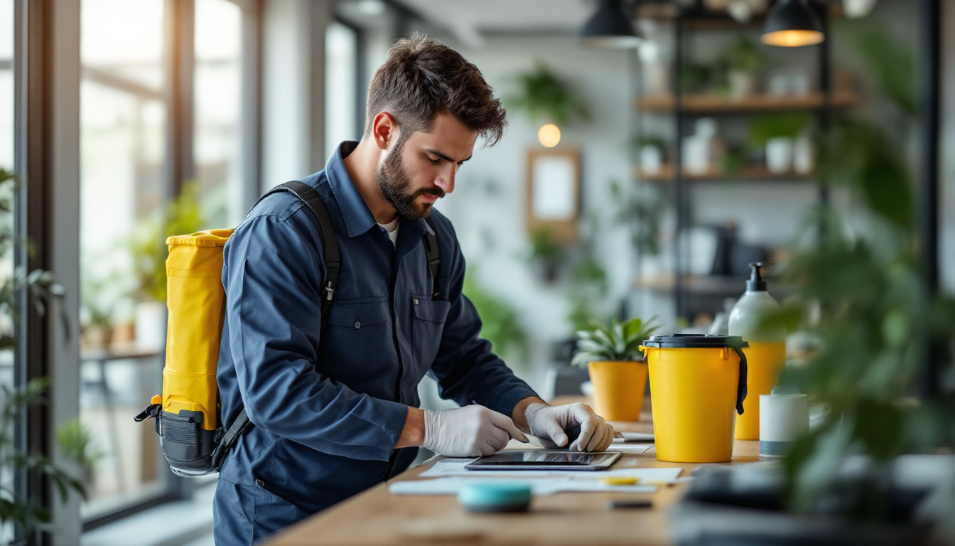 Pest-control technician in blue coveralls and gloves uses a tablet next to a yellow sprayer backpack and bucket in a plant-filled workspace