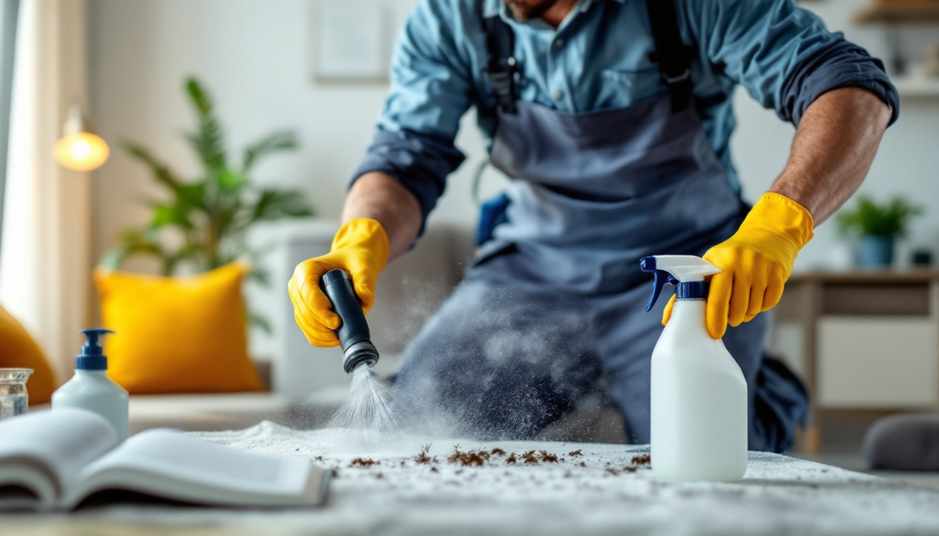 Pest control worker in gloves spraying insecticide on a surface indoors.