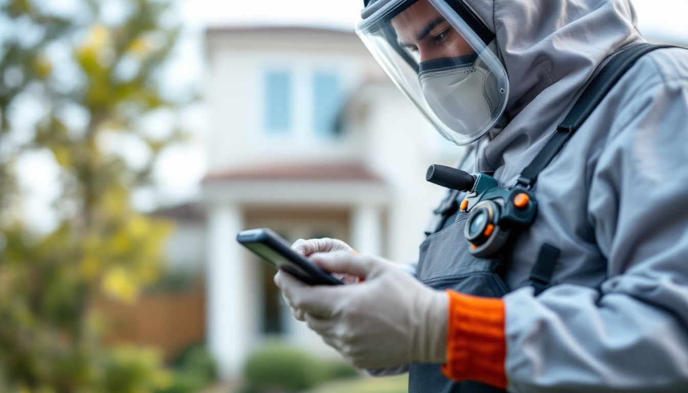 Pest control worker in protective gear checking a smartphone outside a house.
