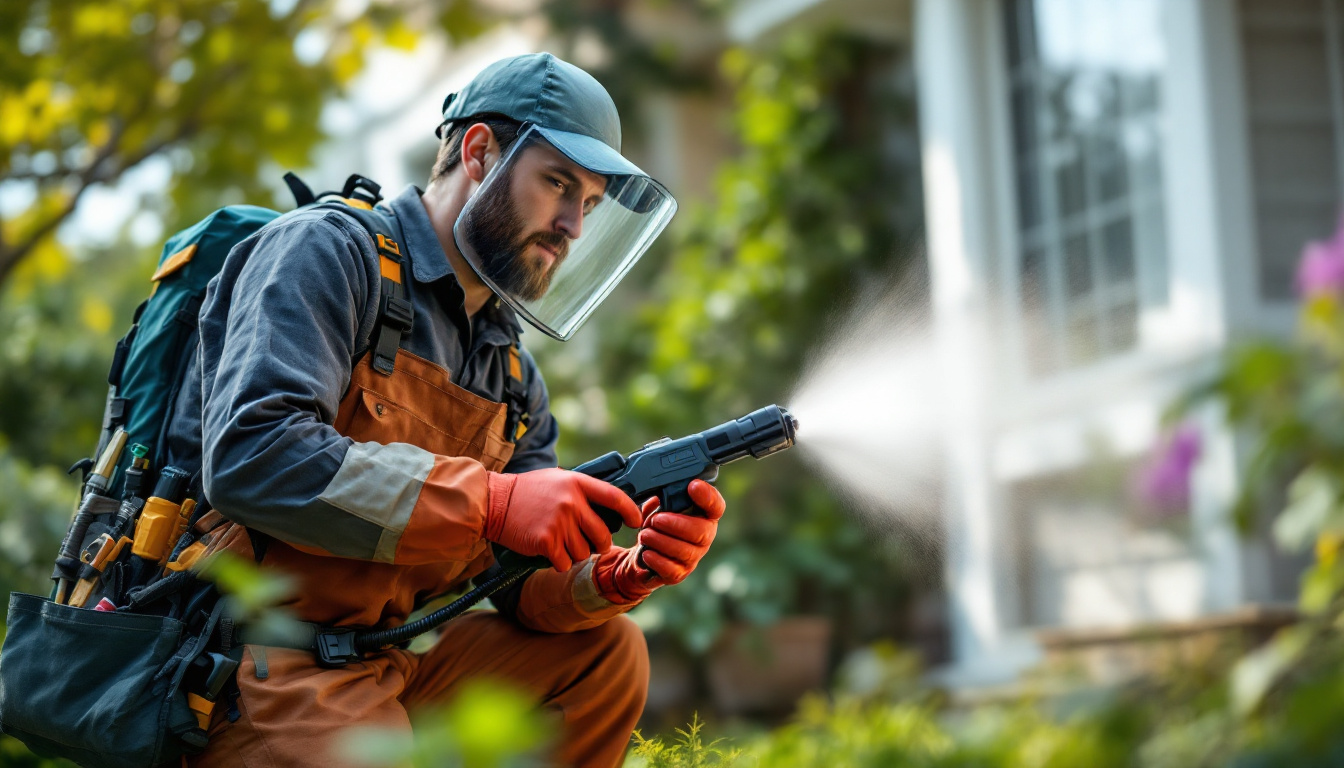 Pest control worker in protective gear spraying chemicals outside a house near greenery.