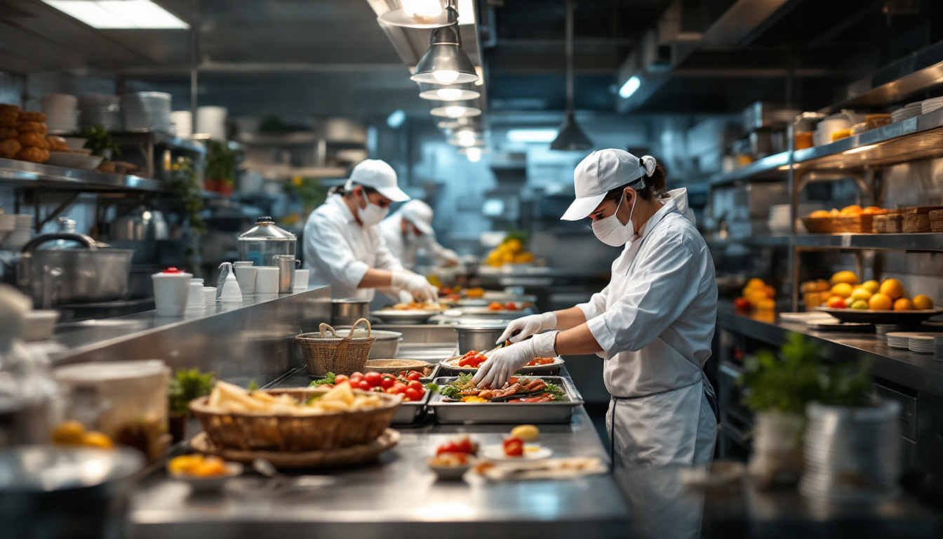 Professional chefs in white uniforms and masks preparing plated meals on a stainless-steel counter.