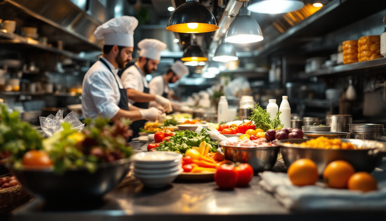 Row of chefs works behind a counter heaped with colorful fruits, vegetables and herbs under bright pendant lights.
