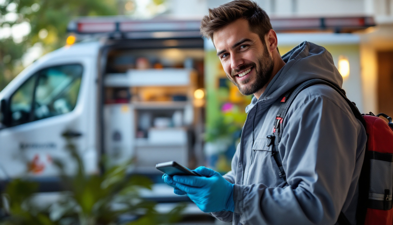 Smiling pest control technician with gloves and equipment standing beside a work van.