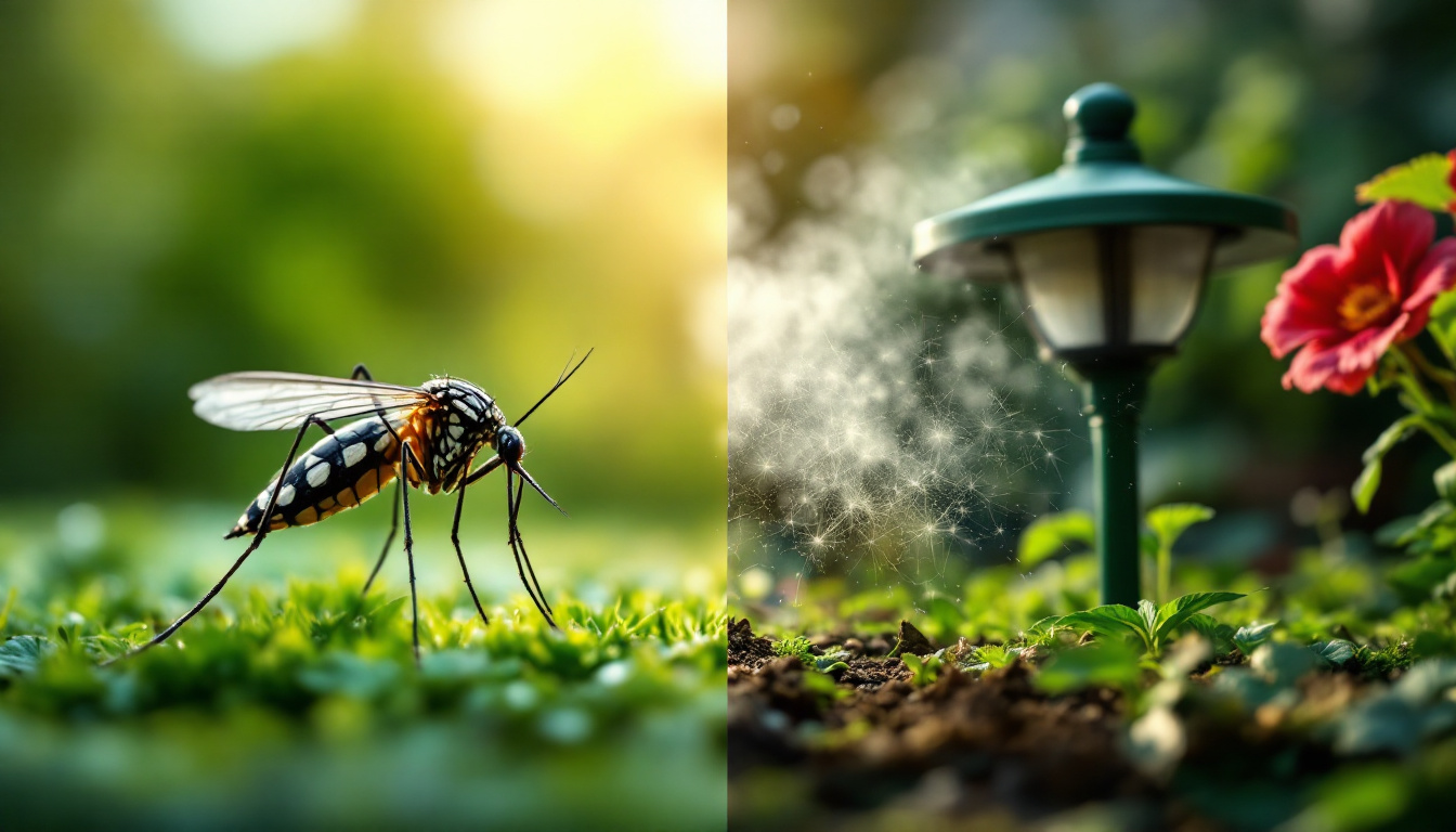 Split image showing a mosquito on grass and a garden lamp emitting insect repellent mist
