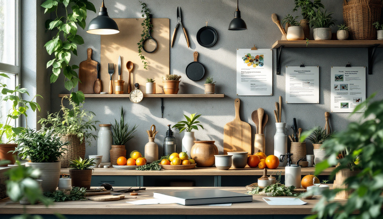 sun lit kitchen workspace with hanging utensils 