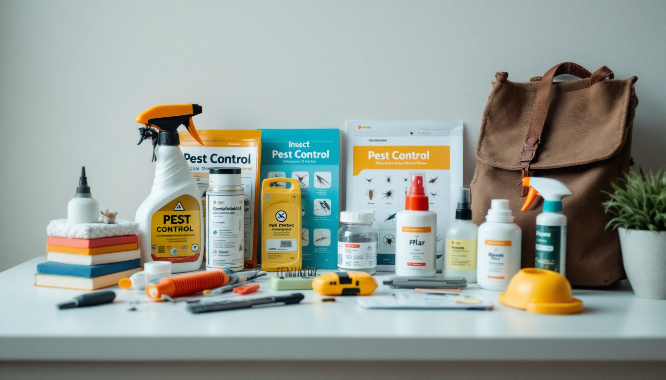 Tabletop array of pest-control supplies—spray bottles, chemicals, traps, manuals, tools and a brown backpack—neatly arranged against a plain wall.