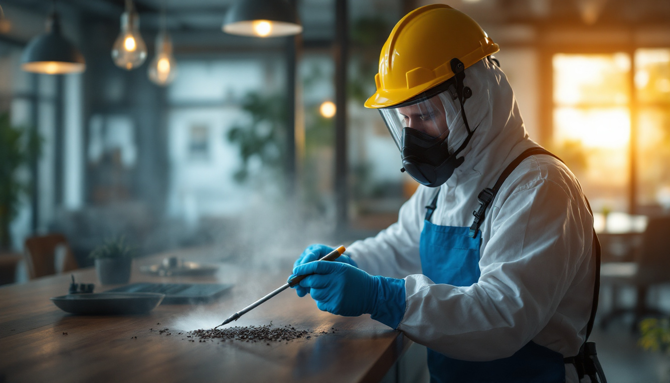 Technician in full protective gear and yellow helmet collecting dusty debris from a tabletop with a probe inside an office space