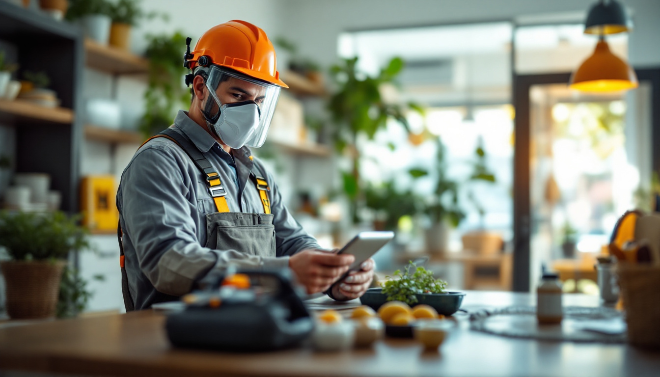 Technician in protective gear using a tablet inside a workspace with plants.