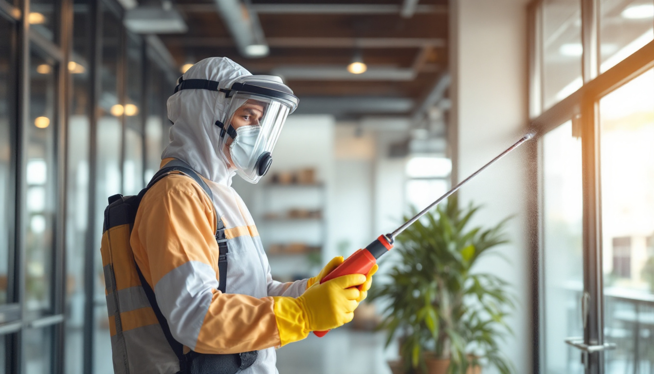 Technician in safety suit and mask using a sprayer inside a modern office building.