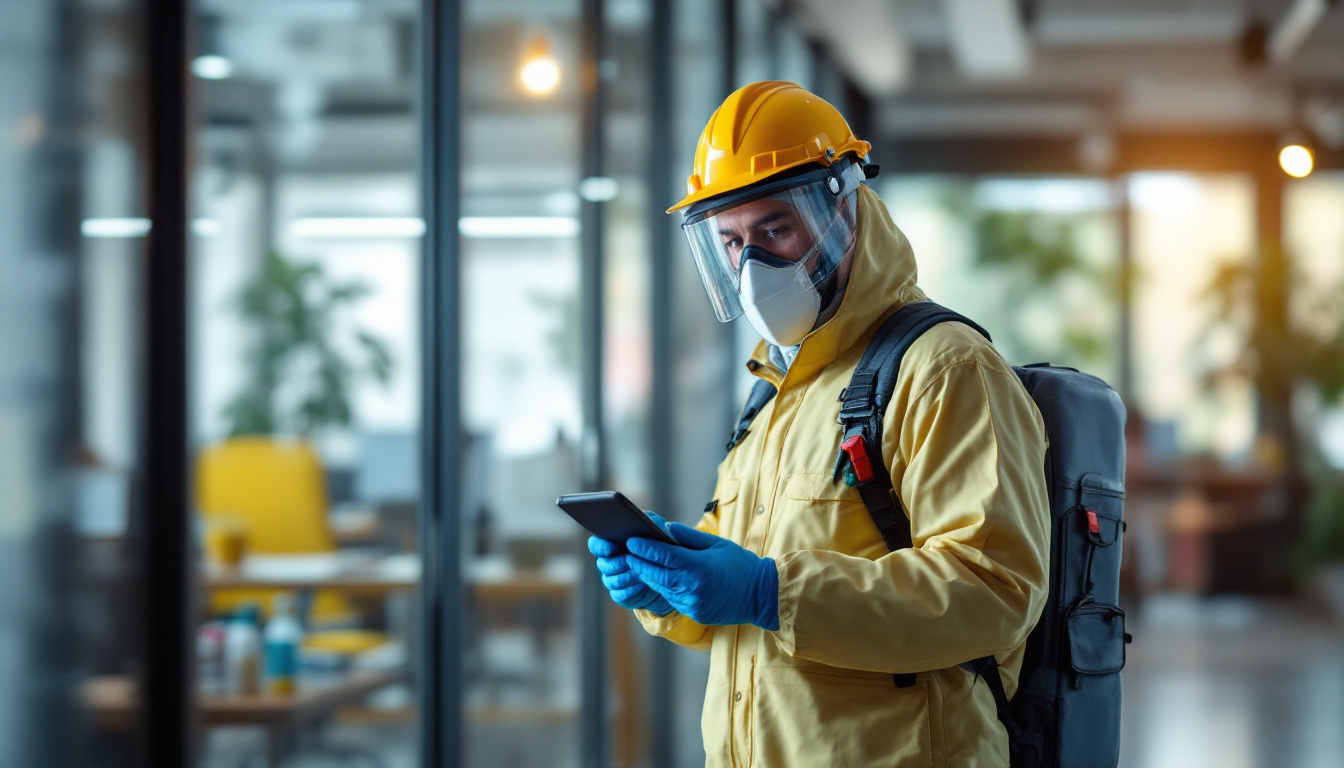 Technician in yellow hazmat suit, face shield, and blue gloves checks a smartphone with a grey sprayer backpack inside a modern office