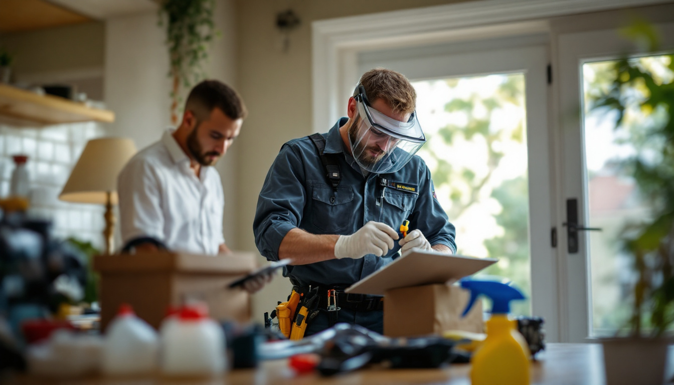 Technician wearing protective gear working with tools while another man looks on.
